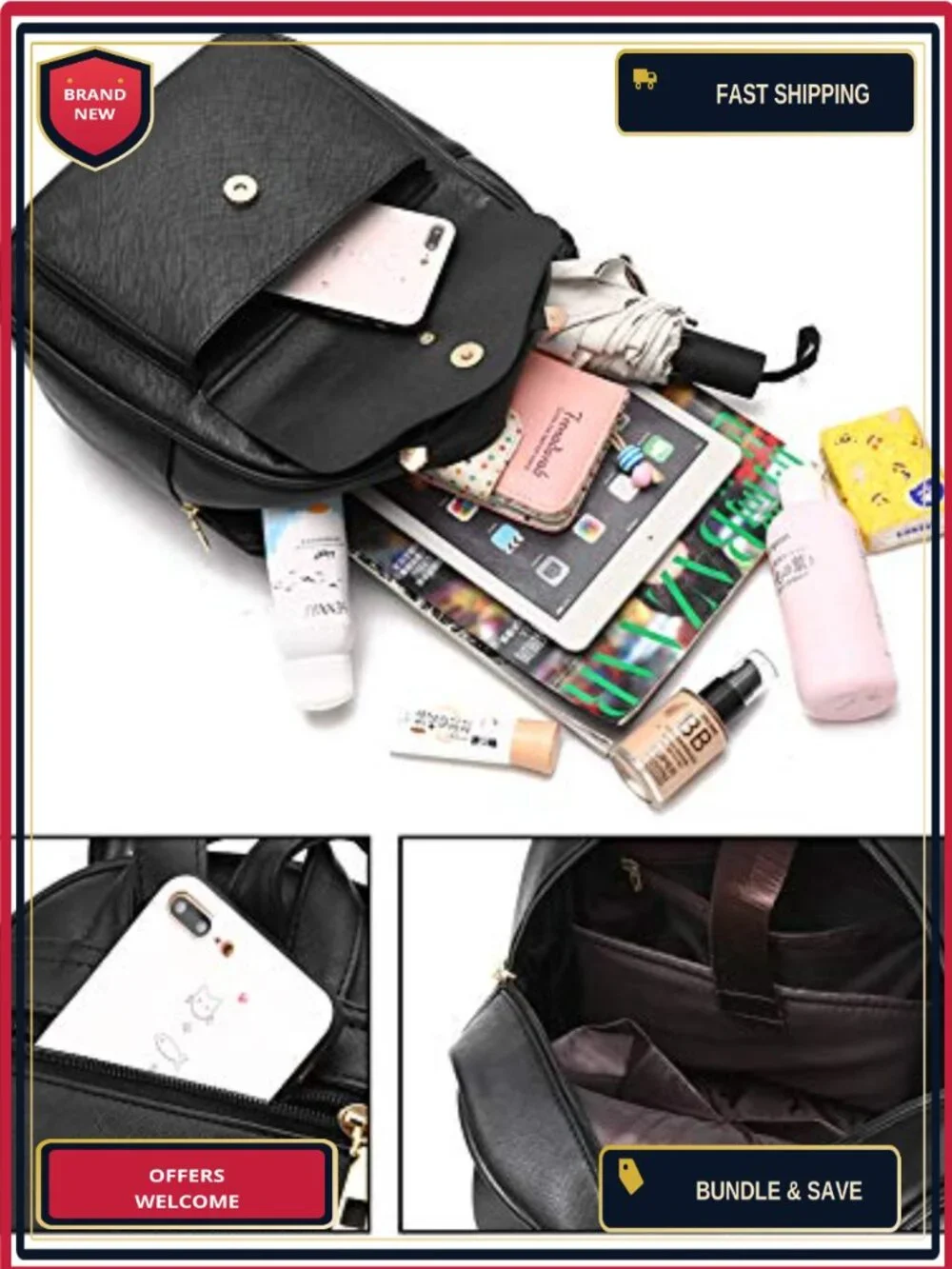 Faux Leather Bowknot 3-Piece Backpack for Women Ladies Rucksack Travel